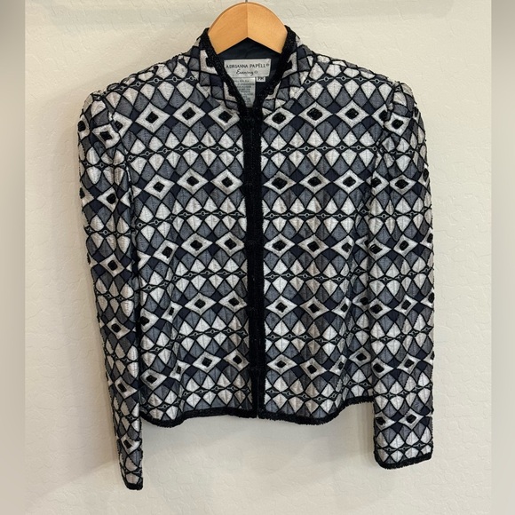Adrianna Papell Jackets & Blazers - Adrianna Papell Black & White Geometric Open-Front Evening Beaded Jacket